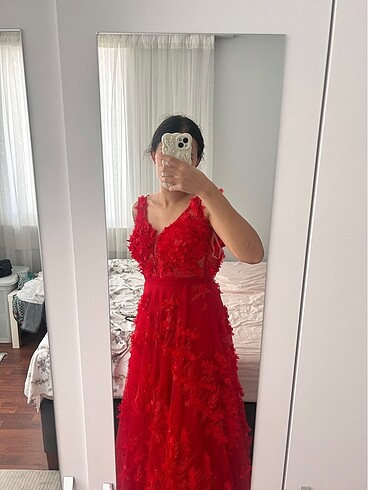 kırmızı gül desenli nişan düğün abiye elbise - Görsel 5