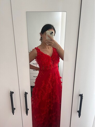 kırmızı gül desenli nişan düğün abiye elbise - Görsel 6