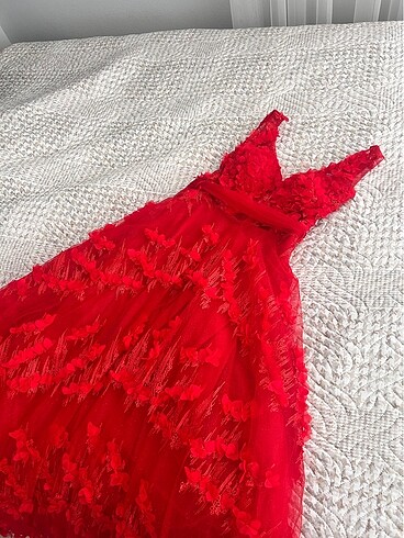 kırmızı gül desenli nişan düğün abiye elbise - Görsel 7