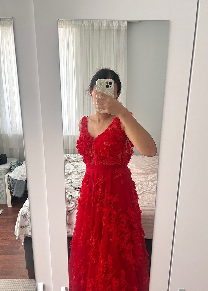 kırmızı gül desenli nişan düğün abiye elbise - Görsel 5