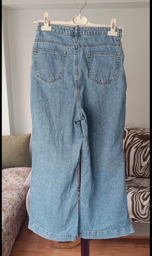 Düğmeli Mavi Midi Bol Kesim Kadın Kot Pantolon - Görsel 2