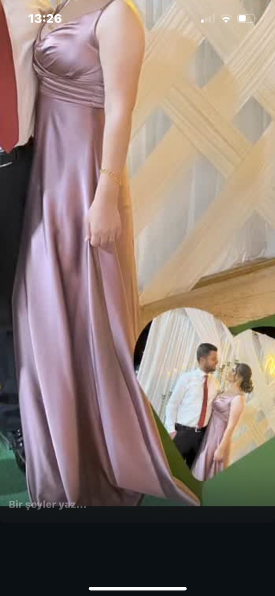 Saten  Mor Drapeli Uzun Abiye Elbise - Görsel 2