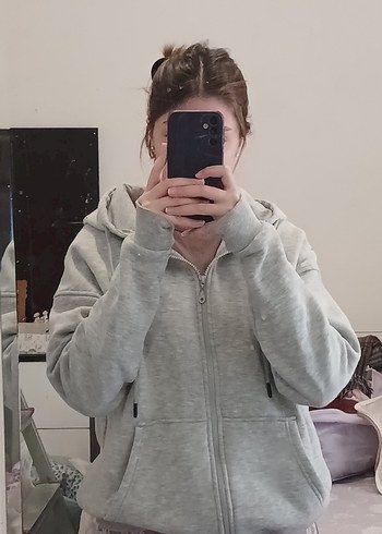 Gri Kapüşonlu Fermuarlı Kadın Sweatshirt eşofman