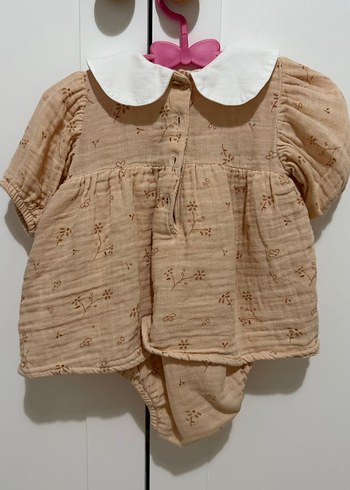 Bej Nakışlı Kız Çocuk Keten Elbise - Görsel 2