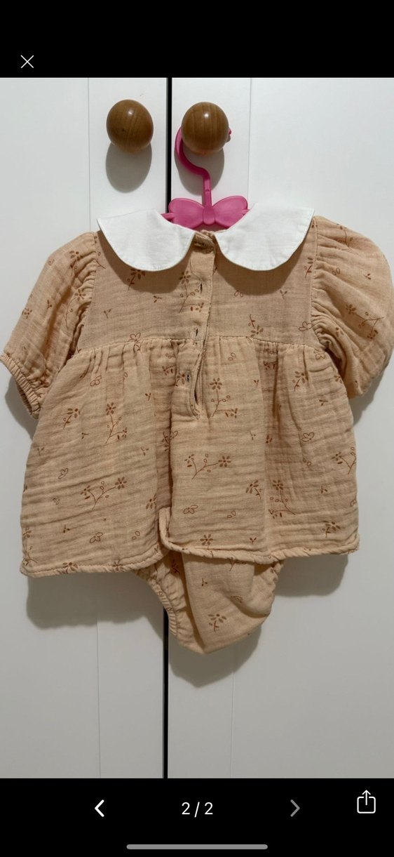 Bej Nakışlı Kız Çocuk Keten Elbise - Görsel 2