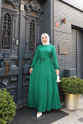 48 Beden yeşil Renk Kat katlı tesettür elbise