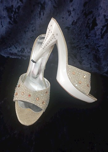 Beyaz Payetli Kadın Topuklu Abiye Terlik - Görsel 2