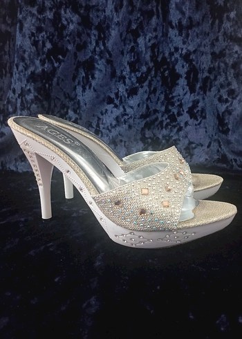 Beyaz Payetli Kadın Topuklu Abiye Terlik - Görsel 4