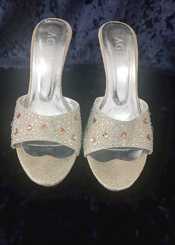 Beyaz Payetli Kadın Topuklu Abiye Terlik - Görsel 3