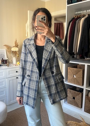 Gri Kareli Düğmeli Kadın Blazer Ceket