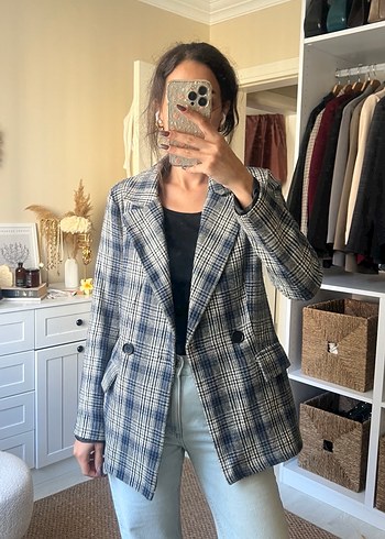 xs Beden Gri Kareli Düğmeli Kadın Blazer Ceket