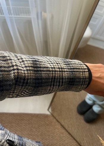 xs Beden gri Renk Gri Kareli Düğmeli Kadın Blazer Ceket