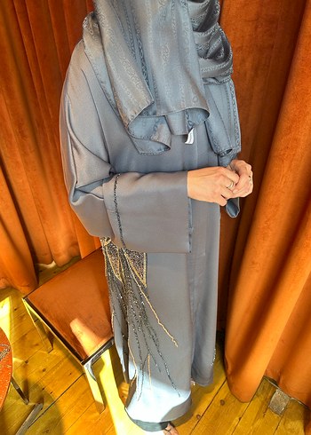 Gümüş renk ful işleme abaya - Görsel 5