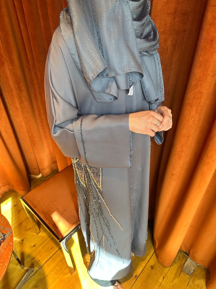 Gümüş renk ful işleme abaya - Görsel 5