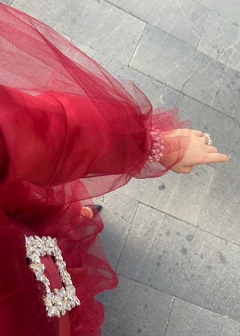 Bordo Uzun Kollu Drapeli Abiye - Görsel 2