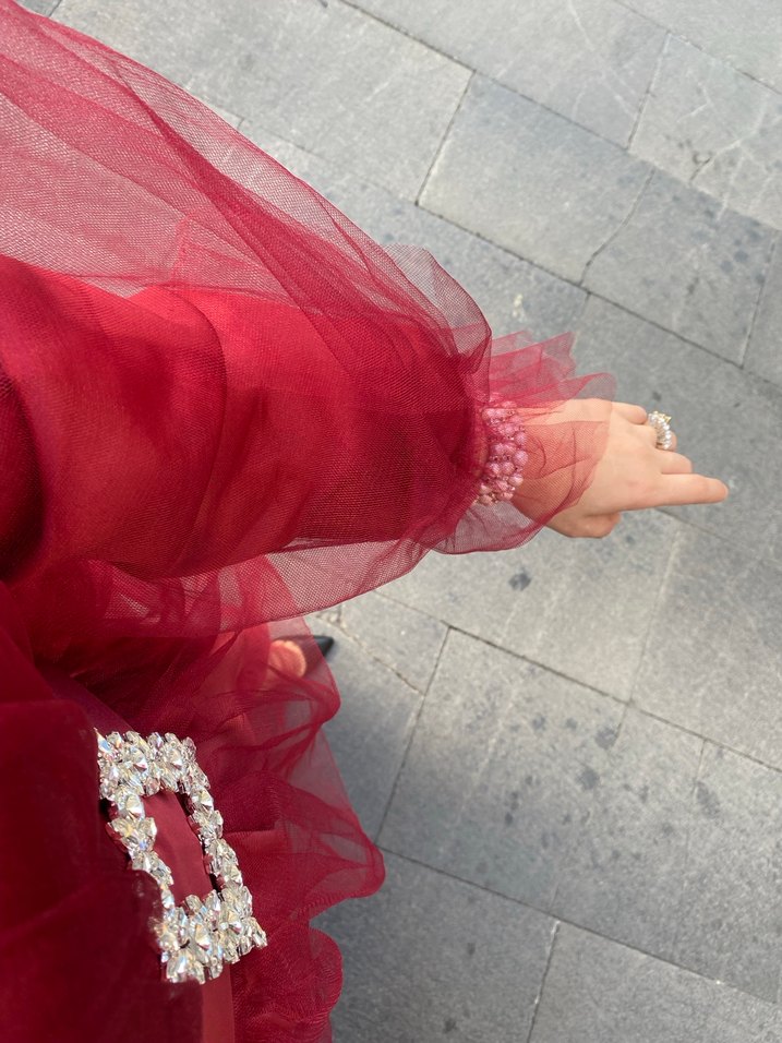 Bordo Uzun Kollu Drapeli Abiye - Görsel 2