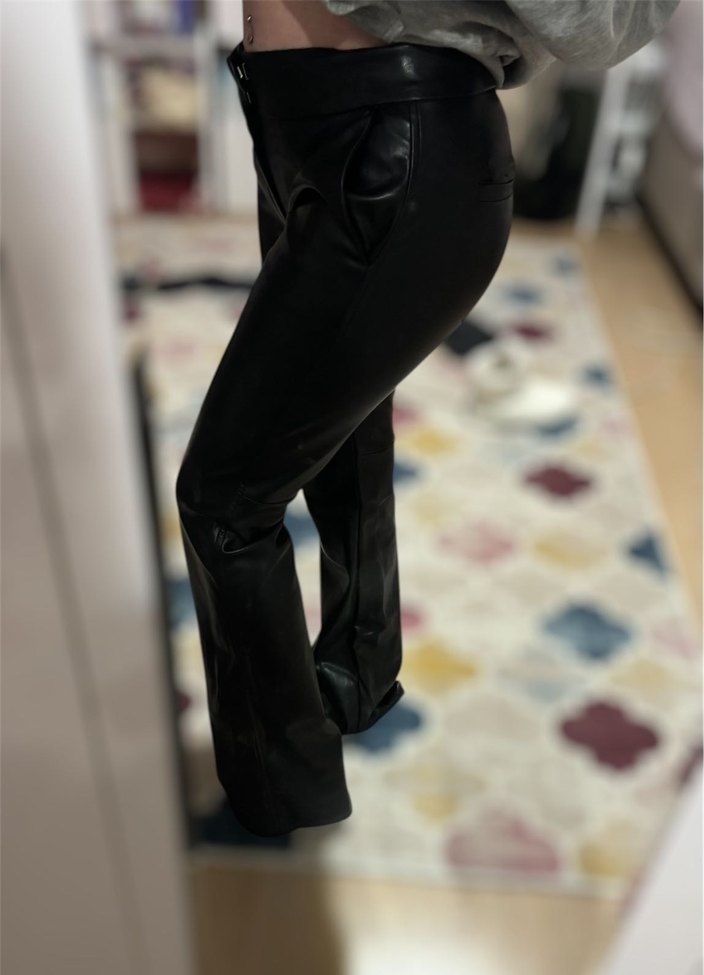 Kadın Siyah Deri Midi Pantolon - Görsel 5