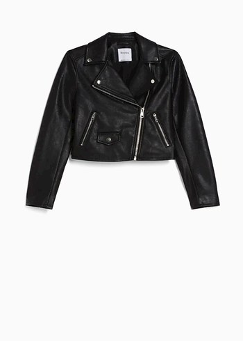 Kadın Siyah Kemerli Kısa Deri Biker Ceket - Görsel 2