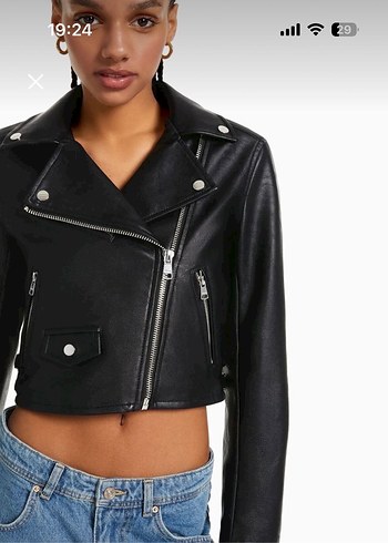 Kadın Siyah Kemerli Kısa Deri Biker Ceket - Görsel 4