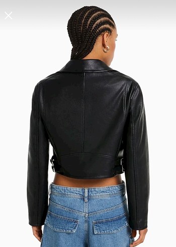 Kadın Siyah Kemerli Kısa Deri Biker Ceket - Görsel 3