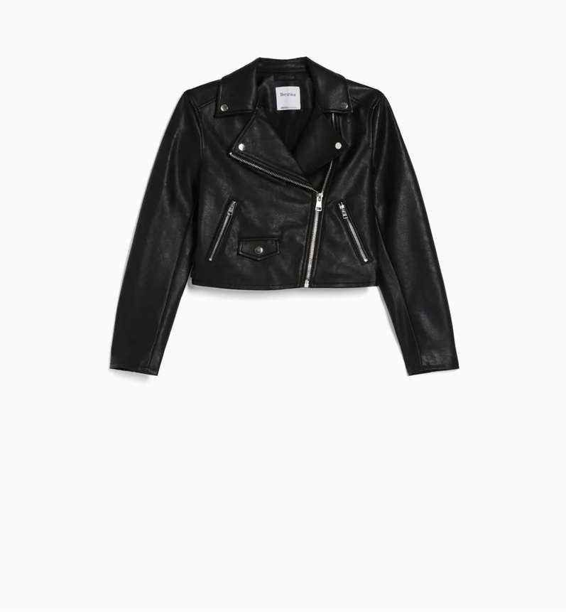 Kadın Siyah Kemerli Kısa Deri Biker Ceket - Görsel 2