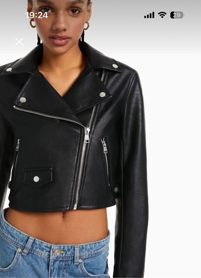 Kadın Siyah Kemerli Kısa Deri Biker Ceket - Görsel 4