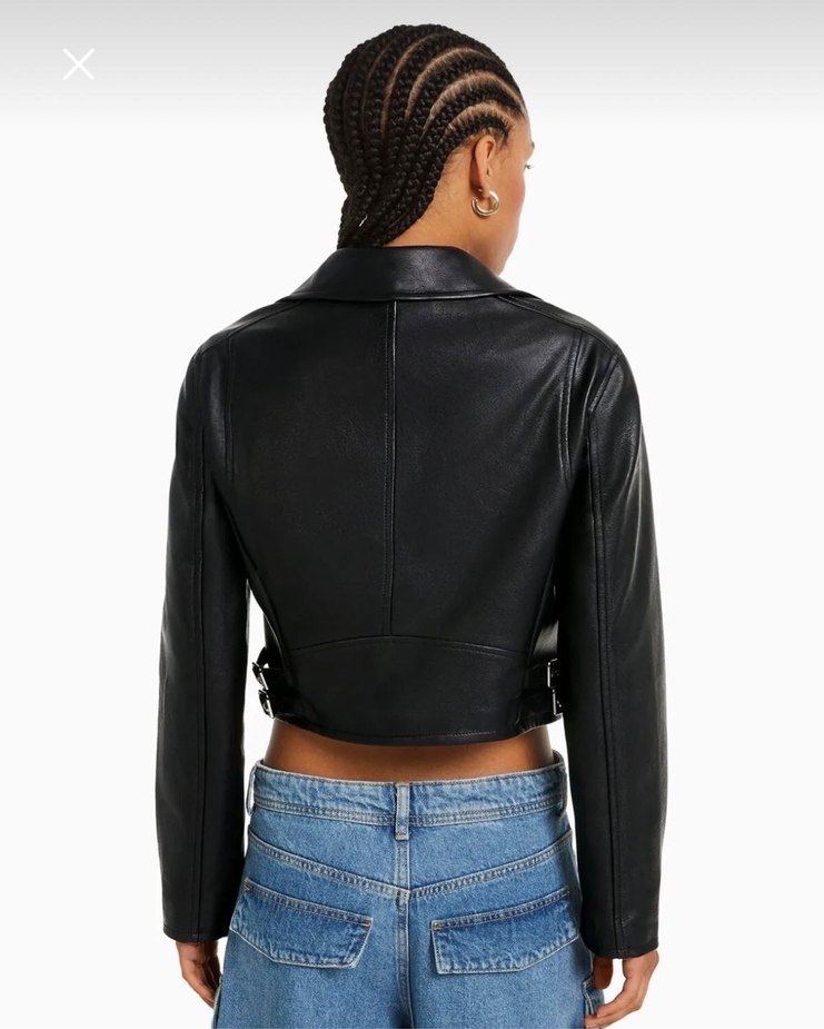 Kadın Siyah Kemerli Kısa Deri Biker Ceket - Görsel 3