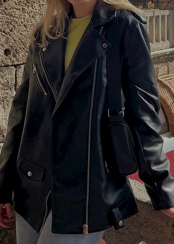 Kadın Siyah Deri Biker Ceket - Görsel 6