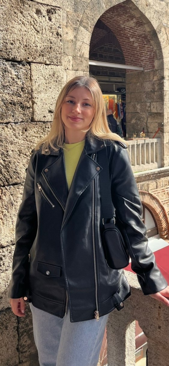 Kadın Siyah Deri Biker Ceket - Görsel 5