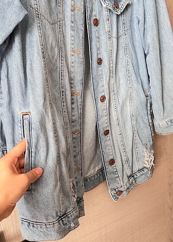 Düğmeli Kadın Mavi Denim Ceket - Görsel 3