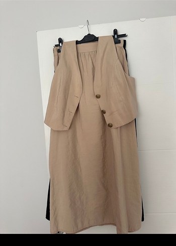 Bej Uzun Kollu Midi Keten Etekli takım - Görsel 2