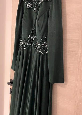 Yeşil Uzun Kollu Drapeli Abiye Elbise - Görsel 3