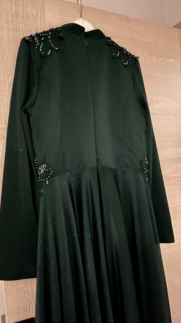 Yeşil Uzun Kollu Drapeli Abiye Elbise - Görsel 4