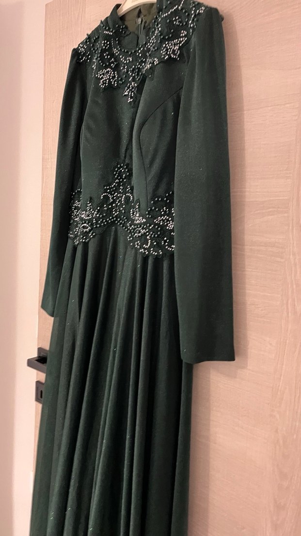 Yeşil Uzun Kollu Drapeli Abiye Elbise - Görsel 3