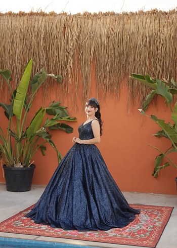 Lacivert Drapeli Uzun Abiye Elbise - Görsel 4