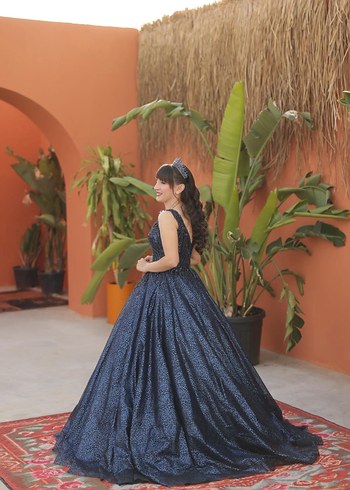 Lacivert Drapeli Uzun Abiye Elbise - Görsel 2