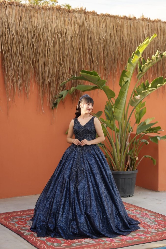 Lacivert Drapeli Uzun Abiye Elbise - Görsel 3