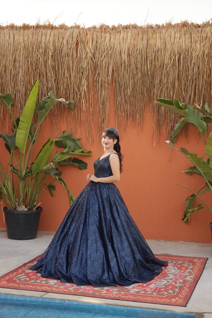 Lacivert Drapeli Uzun Abiye Elbise - Görsel 4