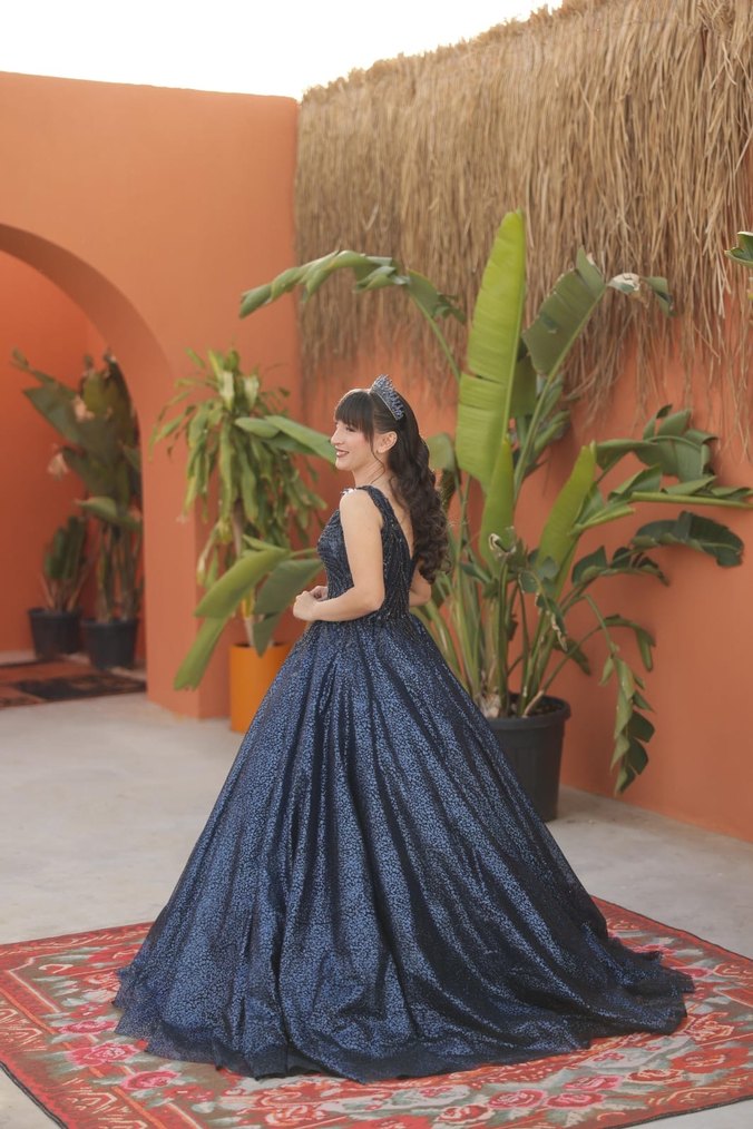 Lacivert Drapeli Uzun Abiye Elbise - Görsel 2