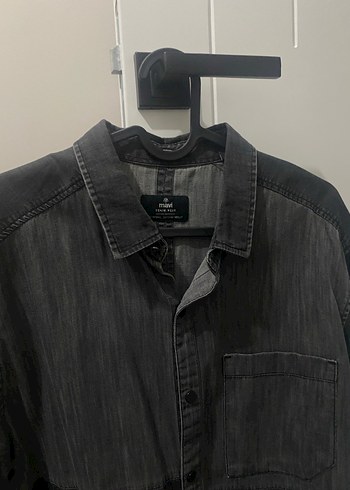 Gri Denim Düğmeli Uzun Kollu Erkek Gömlek - Görsel 3