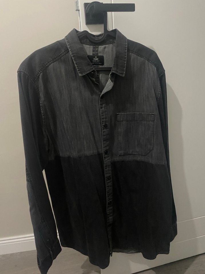 Gri Denim Düğmeli Uzun Kollu Erkek Gömlek - Görsel 2