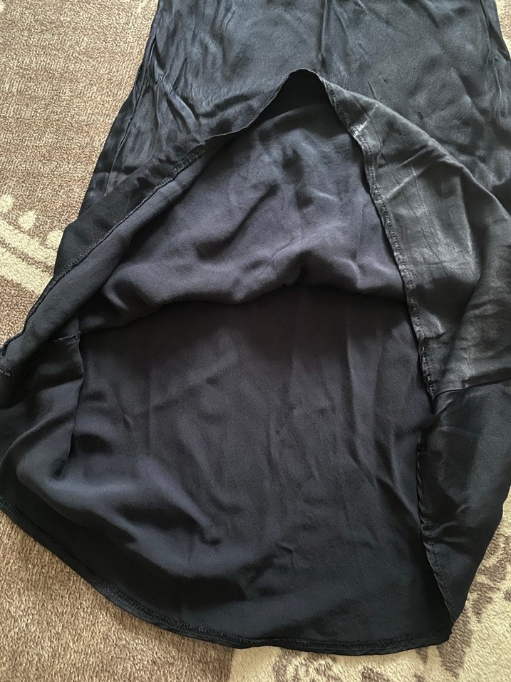 Lacivert Saten Drapeli Uzun Etek - Görsel 5