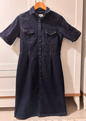 Düğmeli Lacivert Denim Midi Elbise