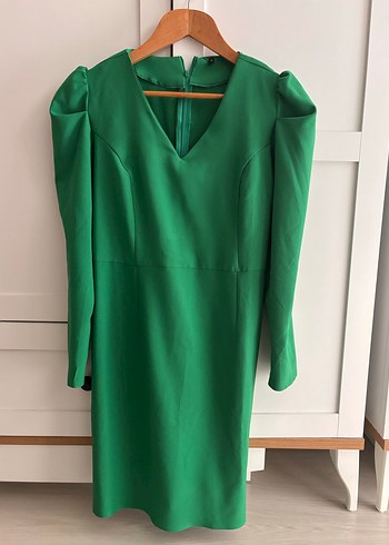 Yeşil V Yakalı Midi Uzun Kollu Elbise - Görsel 2