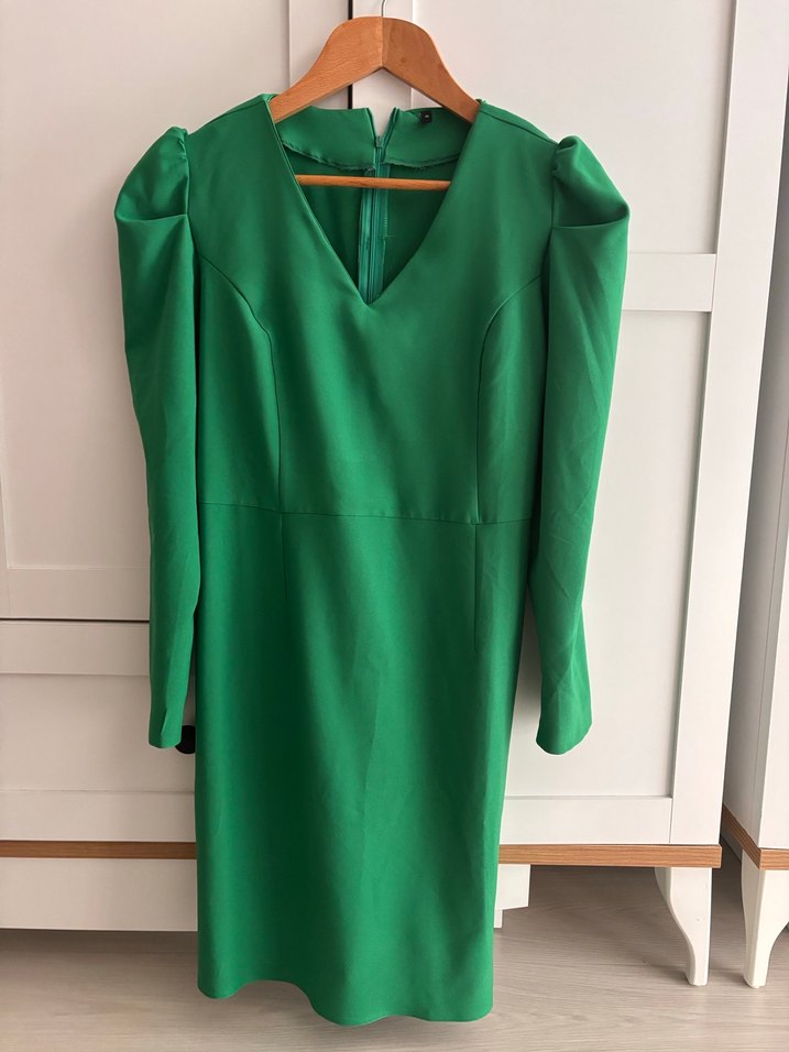 Yeşil V Yakalı Midi Uzun Kollu Elbise - Görsel 2