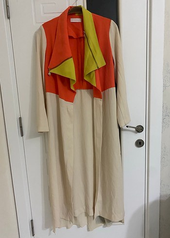 Renkli Drapeli Uzun Kadın Trençkot - Görsel 2