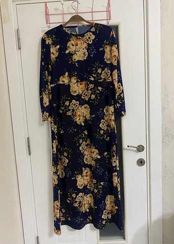 Lacivert Çiçek Desenli Uzun Salaş Elbise - Görsel 5