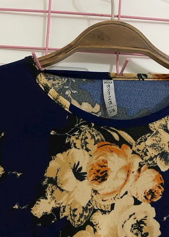 Lacivert Çiçek Desenli Uzun Salaş Elbise - Görsel 6