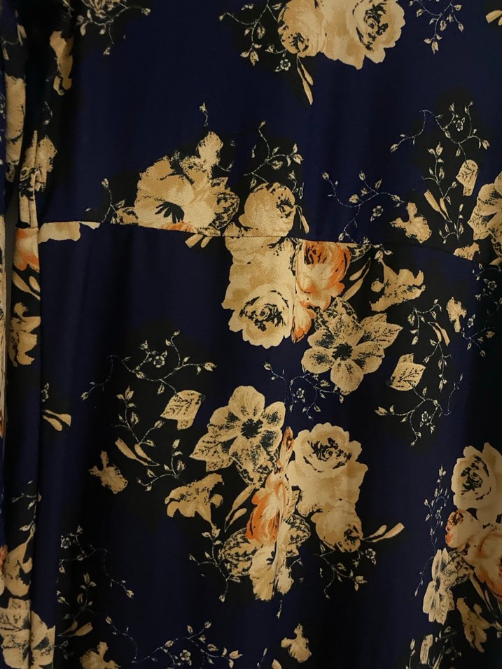 Lacivert Çiçek Desenli Uzun Salaş Elbise - Görsel 2
