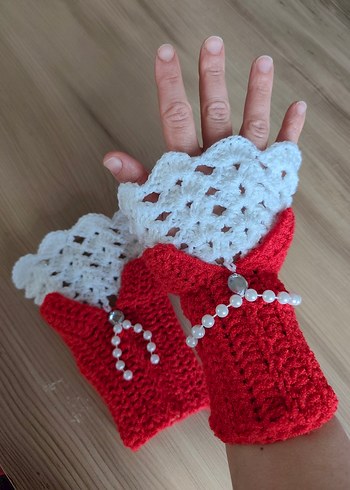 Dantel Detaylı Kırmızı Örgü Kadın Eldiveni - Görsel 2